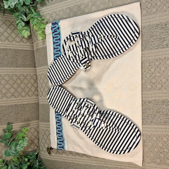 Tory Burch Miller Stripe Patent Leather Sandals In Black & White - Picture 10 of 15